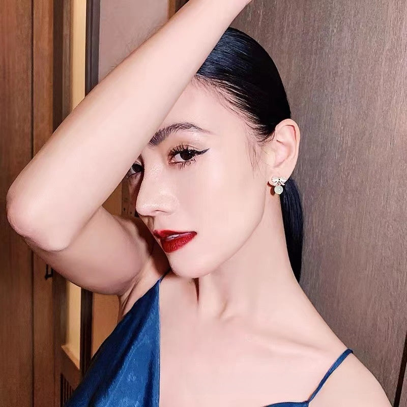 Bow Tie Stud Earrings For Women In Alloy With Cat's Eye Stone Featuring Clip-On Ear Caps