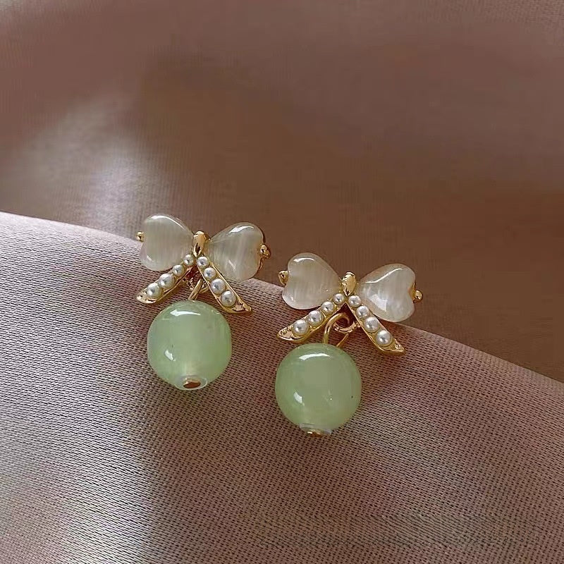 Bow Tie Stud Earrings For Women In Alloy With Cat's Eye Stone Featuring Clip-On Ear Caps