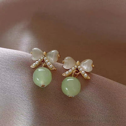 Bow Tie Stud Earrings For Women In Alloy With Cat's Eye Stone Featuring Clip-On Ear Caps