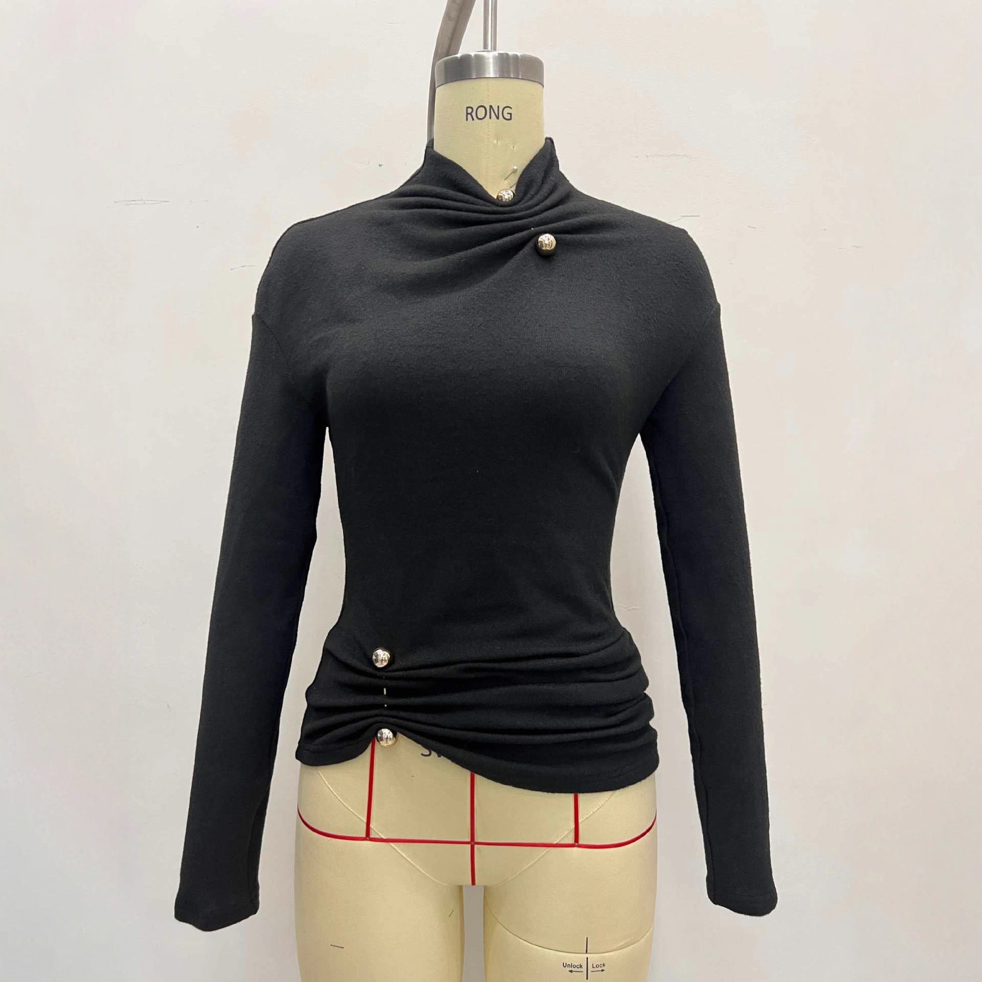 Solid Color Knitwear Top For Women In Polyester Featuring Elegant Style With Standing Collar And Long Sleeves, Metal Detail
