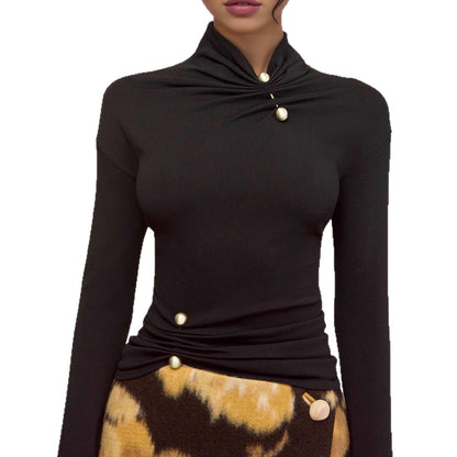 Solid Color Knitwear Top For Women In Polyester Featuring Elegant Style With Standing Collar And Long Sleeves, Metal Detail
