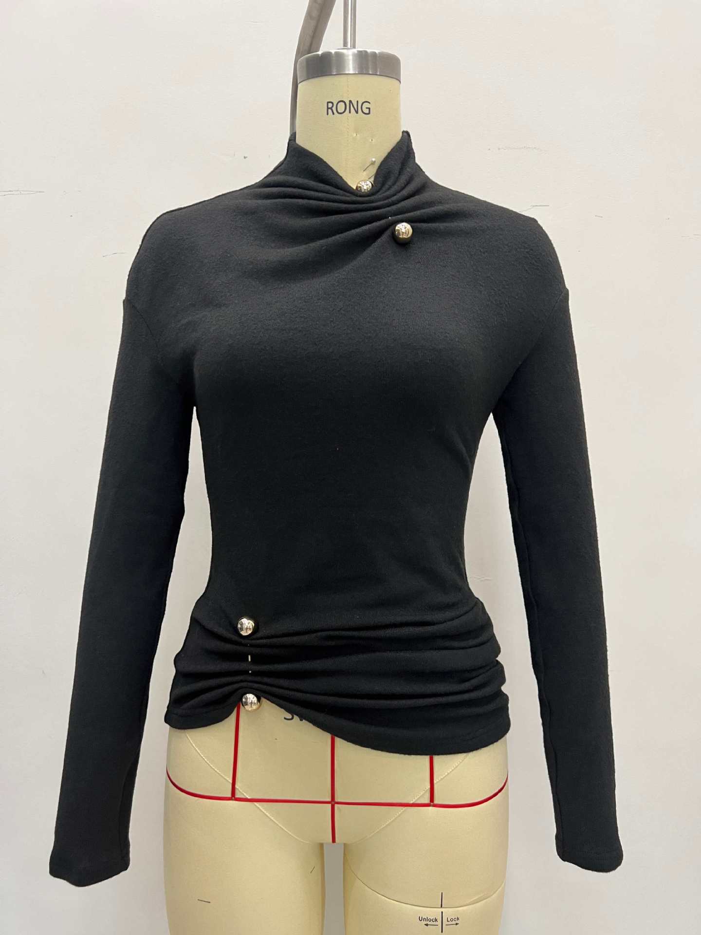 Solid Color Knitwear Top For Women In Polyester Featuring Elegant Style With Standing Collar And Long Sleeves, Metal Detail