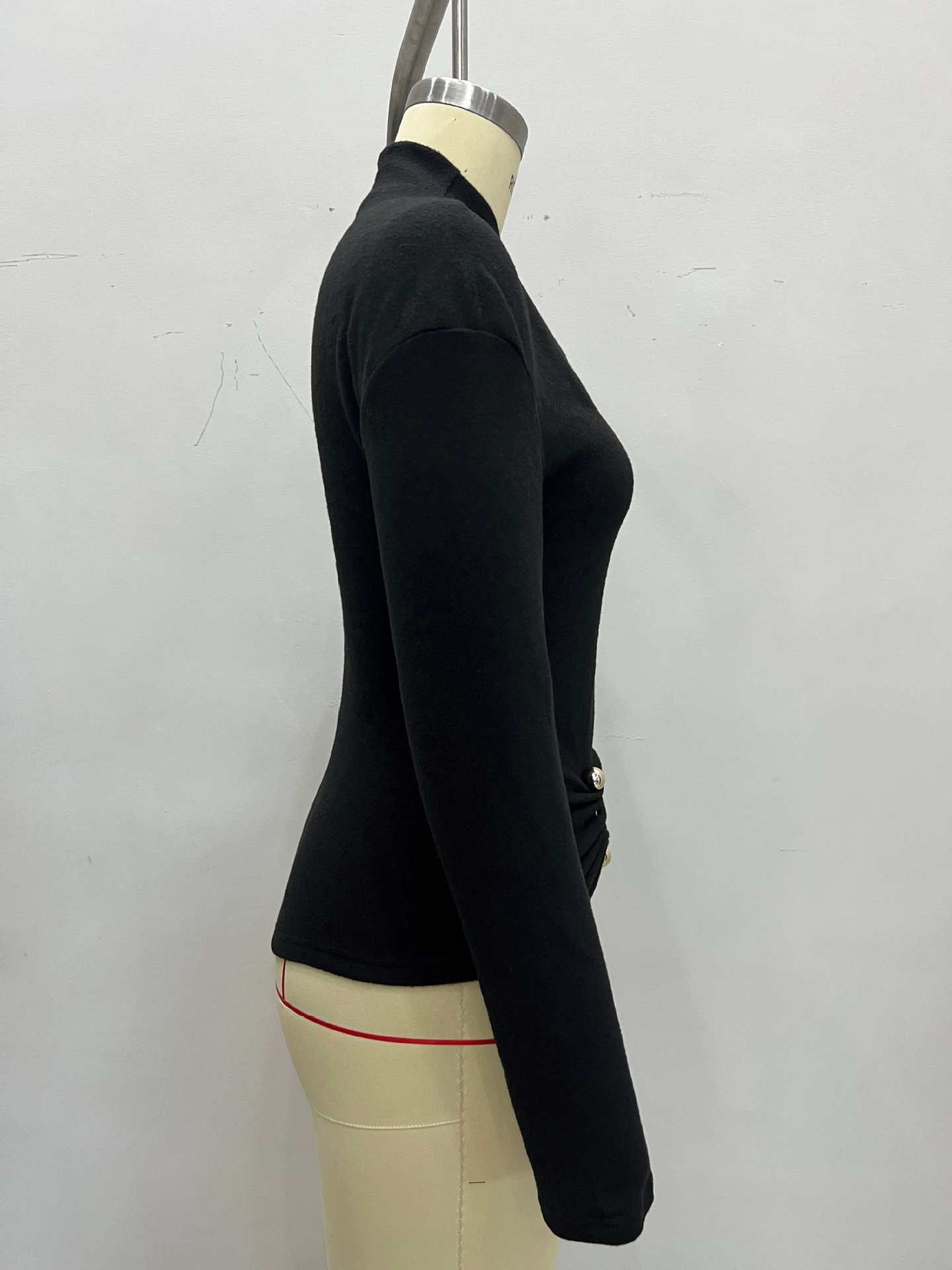 Solid Color Knitwear Top For Women In Polyester Featuring Elegant Style With Standing Collar And Long Sleeves, Metal Detail