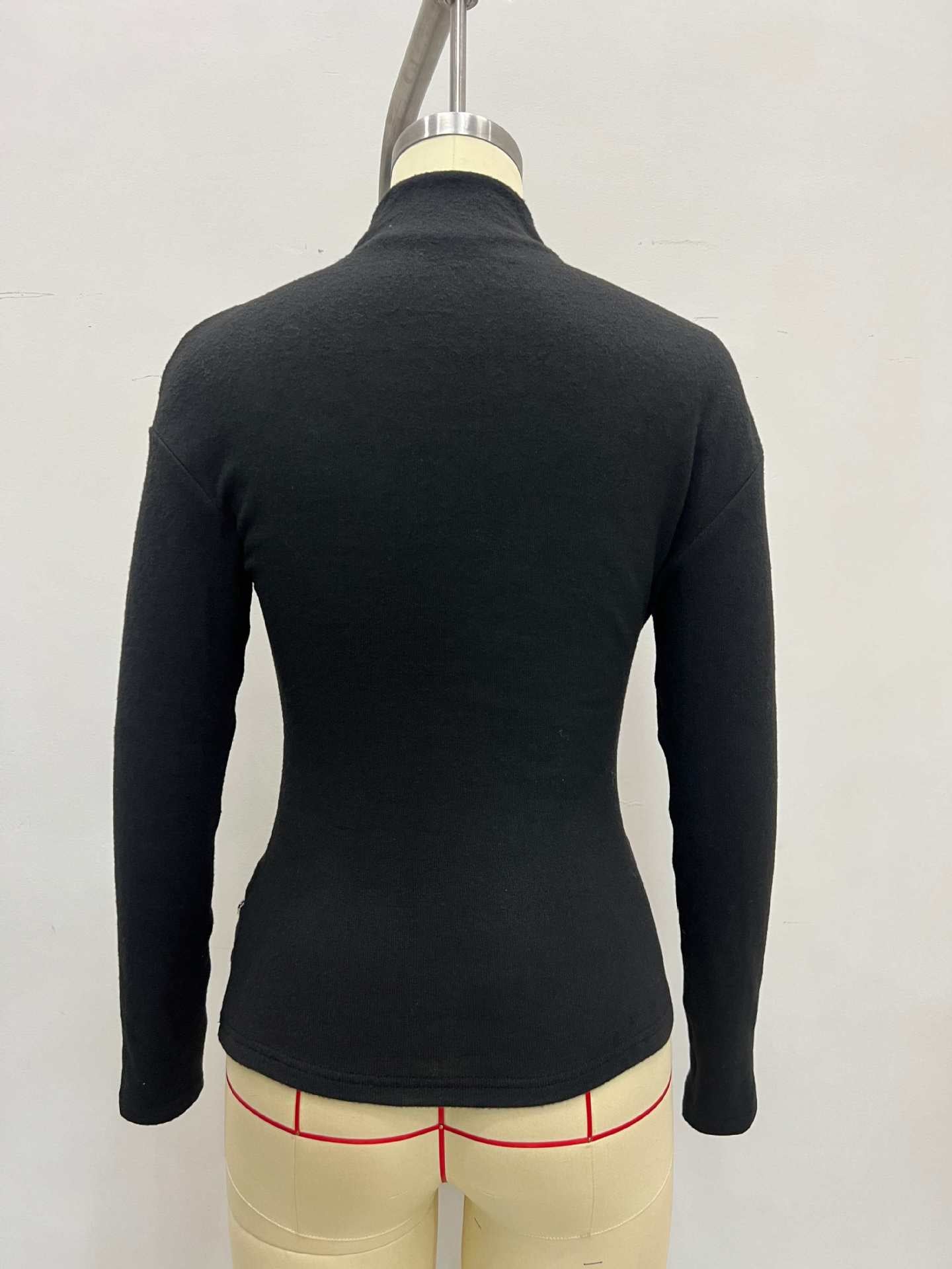 Solid Color Knitwear Top For Women In Polyester Featuring Elegant Style With Standing Collar And Long Sleeves, Metal Detail