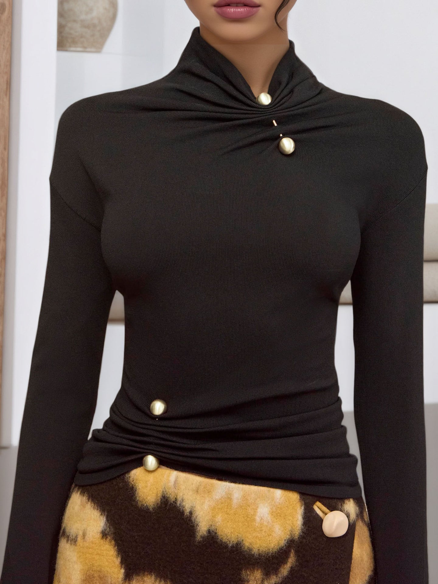 Solid Color Knitwear Top For Women In Polyester Featuring Elegant Style With Standing Collar And Long Sleeves, Metal Detail