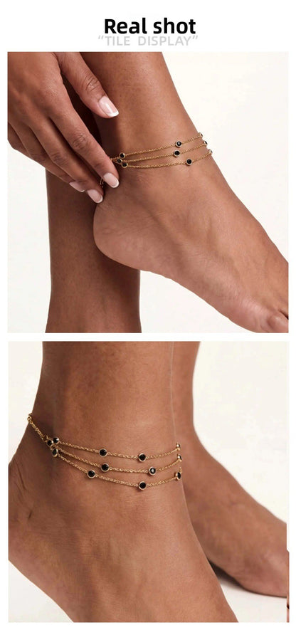 Women’s Dyed Black Alloy Anklet With Gem Pattern And Multi CZ Ball Pierced Design