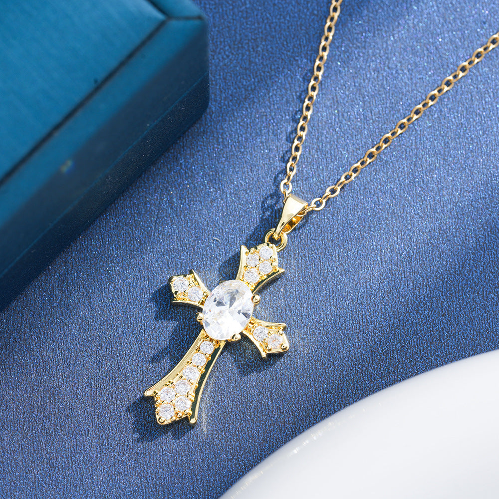 Unisex Cross Pendant Necklace With Zircon Inlay, 18K Real Gold Plated Copper, PVD Coated, Featuring Cable Chain