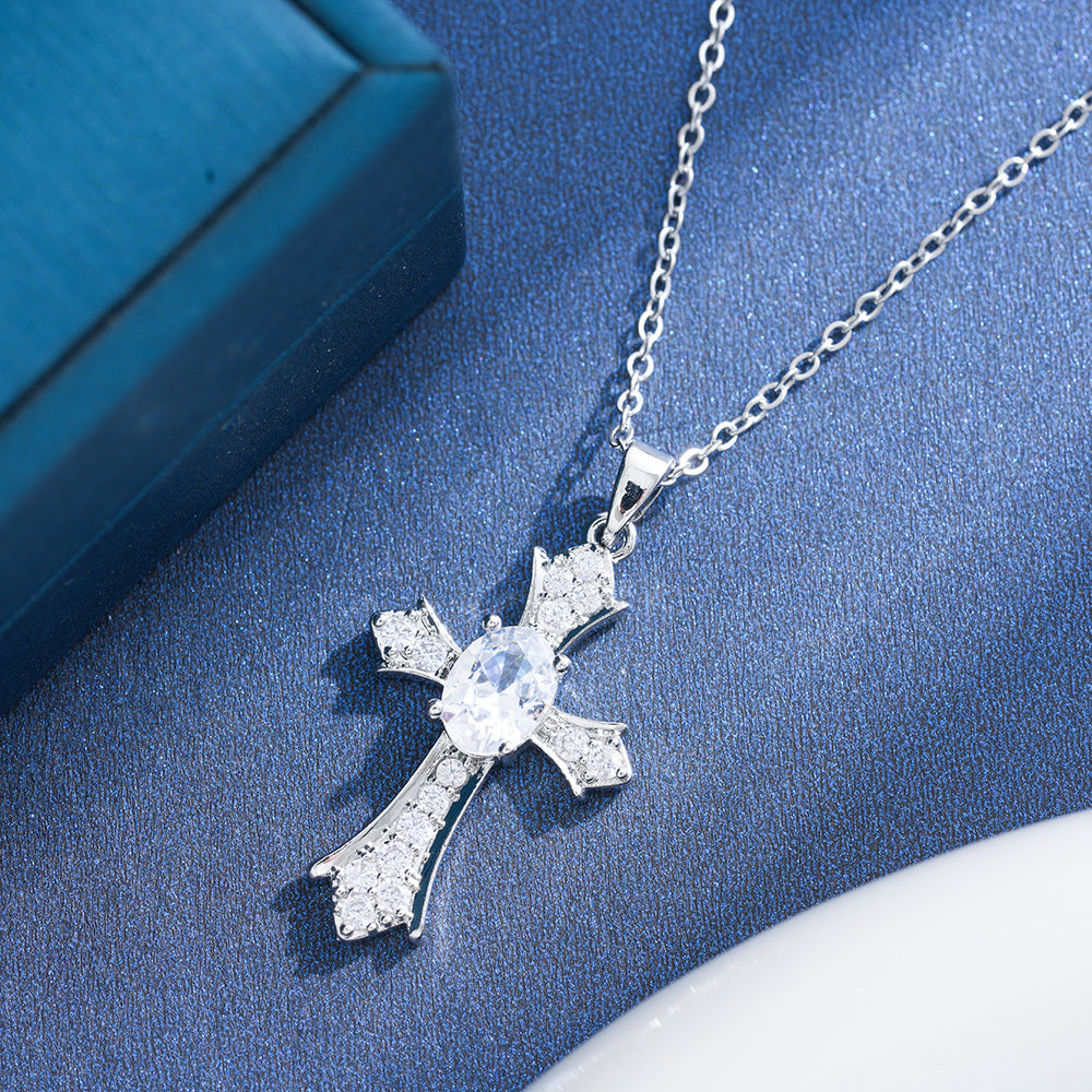 Unisex Cross Pendant Necklace With Zircon Inlay, 18K Real Gold Plated Copper, PVD Coated, Featuring Cable Chain