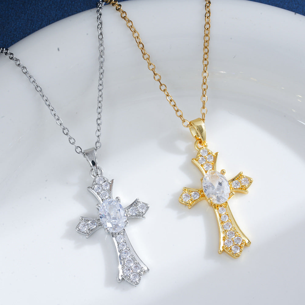 Unisex Cross Pendant Necklace With Zircon Inlay, 18K Real Gold Plated Copper, PVD Coated, Featuring Cable Chain