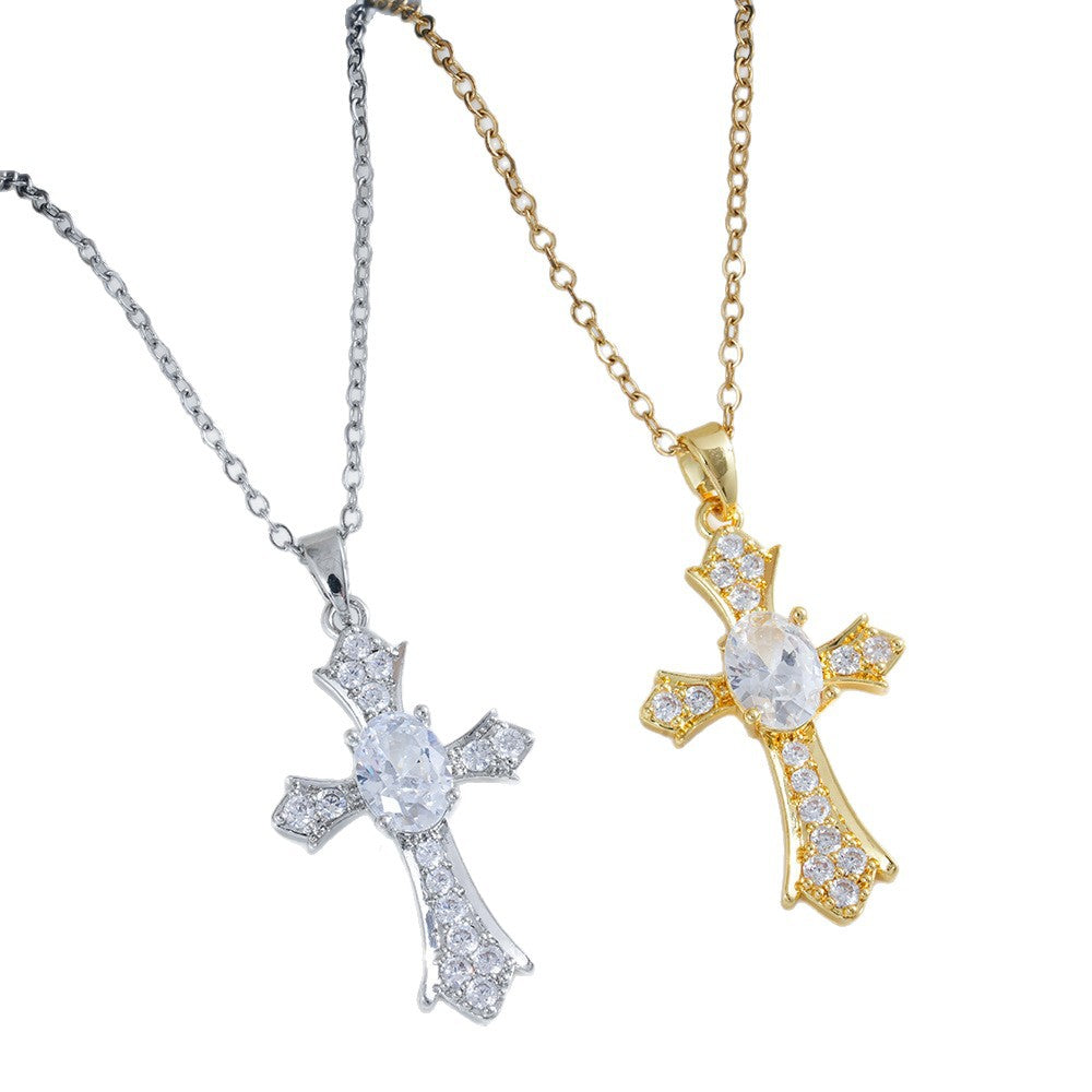 Unisex Cross Pendant Necklace With Zircon Inlay, 18K Real Gold Plated Copper, PVD Coated, Featuring Cable Chain
