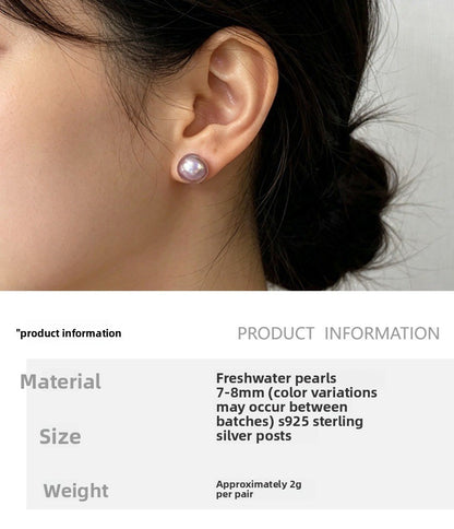 Simple Style Natural Deep Purple Freshwater Pearl Stud Earrings With 7-8mm Baroque Pearls In 925 Sterling Silver For Women