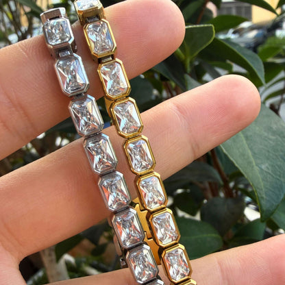 Luxurious Unisex Rectangle Tennis Bracelet In Stainless Steel With Zircon Inlay, Available In Gold