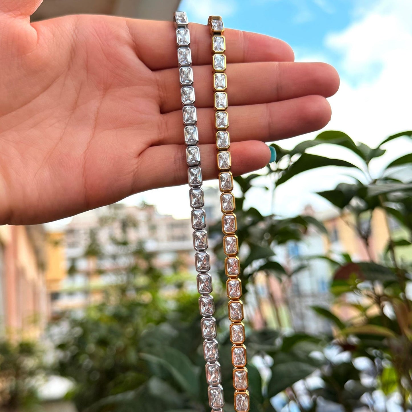 Luxurious Unisex Rectangle Tennis Bracelet In Stainless Steel With Zircon Inlay, Available In Gold