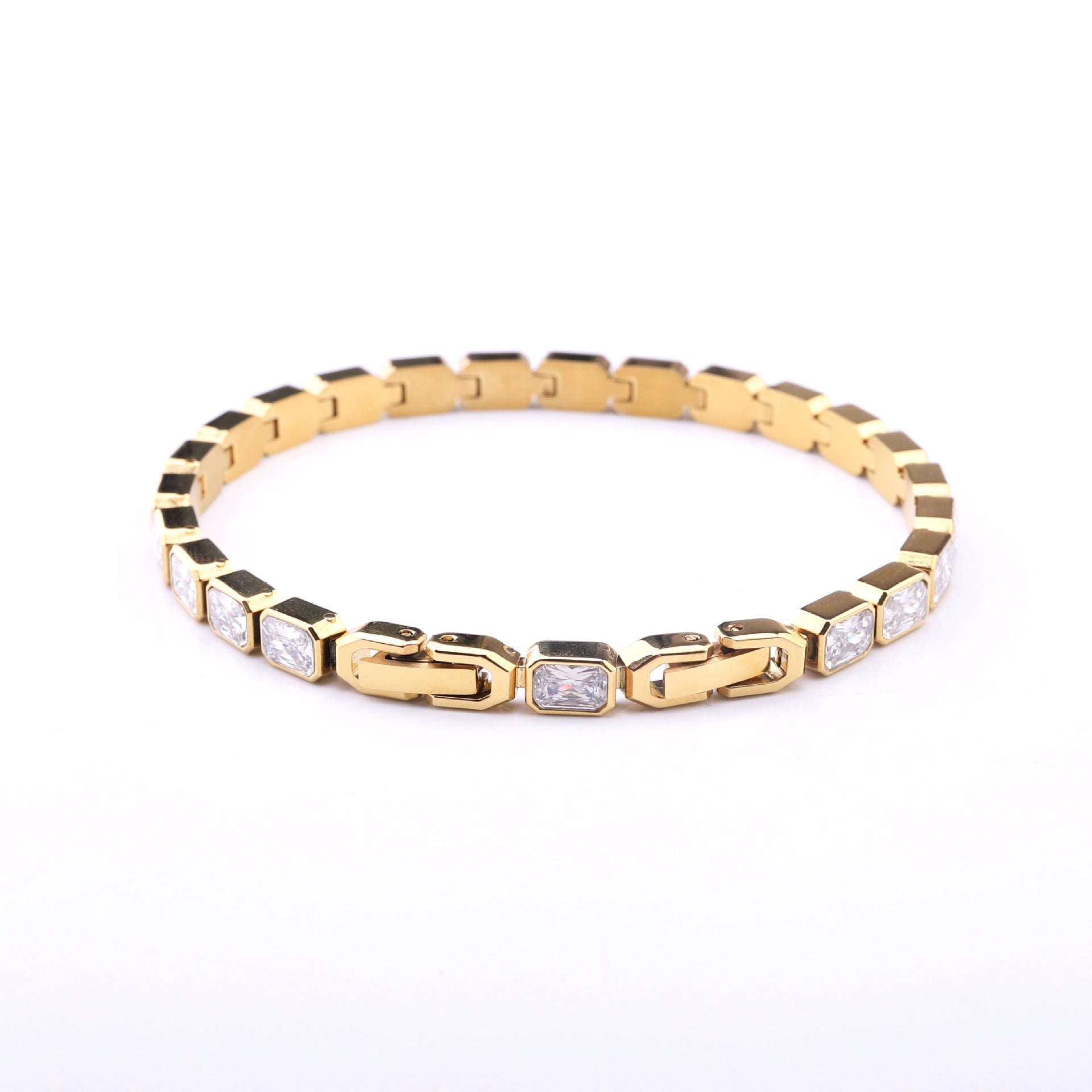 Luxurious Unisex Rectangle Tennis Bracelet In Stainless Steel With Zircon Inlay, Available In Gold