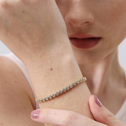 Round Pattern Tennis Bracelet For Women With Bezel Setting, Electroplated Copper And Zirconia Inlay