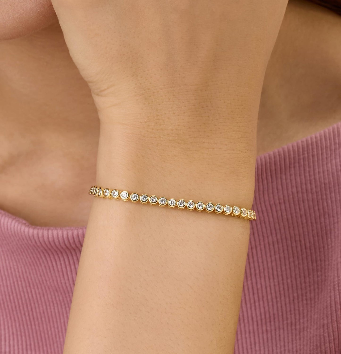 Round Pattern Tennis Bracelet For Women With Bezel Setting, Electroplated Copper And Zirconia Inlay