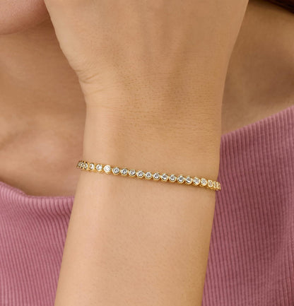 Round Pattern Tennis Bracelet For Women With Bezel Setting, Electroplated Copper And Zirconia Inlay