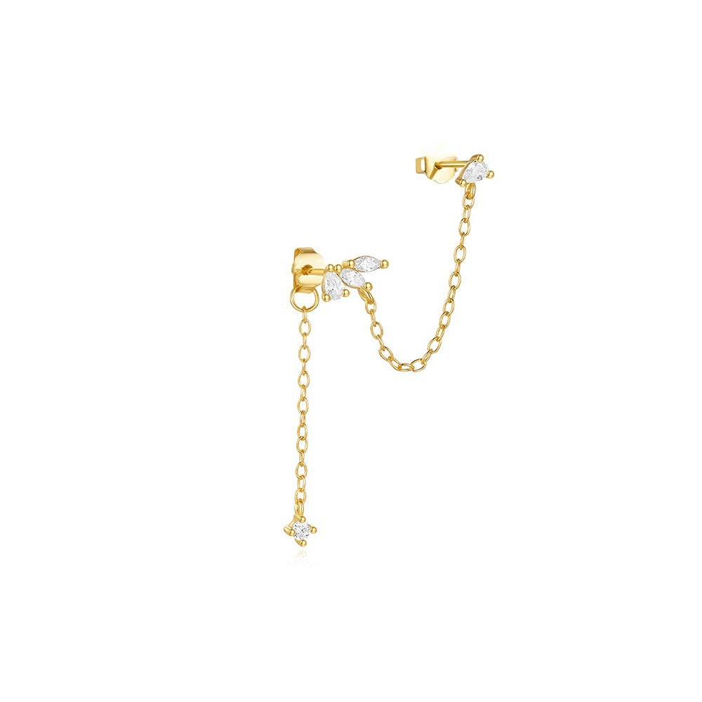 For Women Gold Chain Stud Earrings With Zircon Inlay Featuring 304 Stainless Steel Ear Pins, 1 PCS/Package