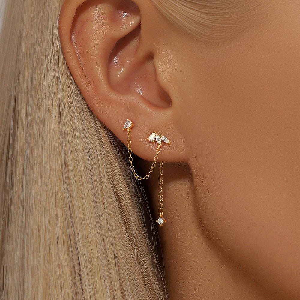 For Women Gold Chain Stud Earrings With Zircon Inlay Featuring 304 Stainless Steel Ear Pins, 1 PCS/Package