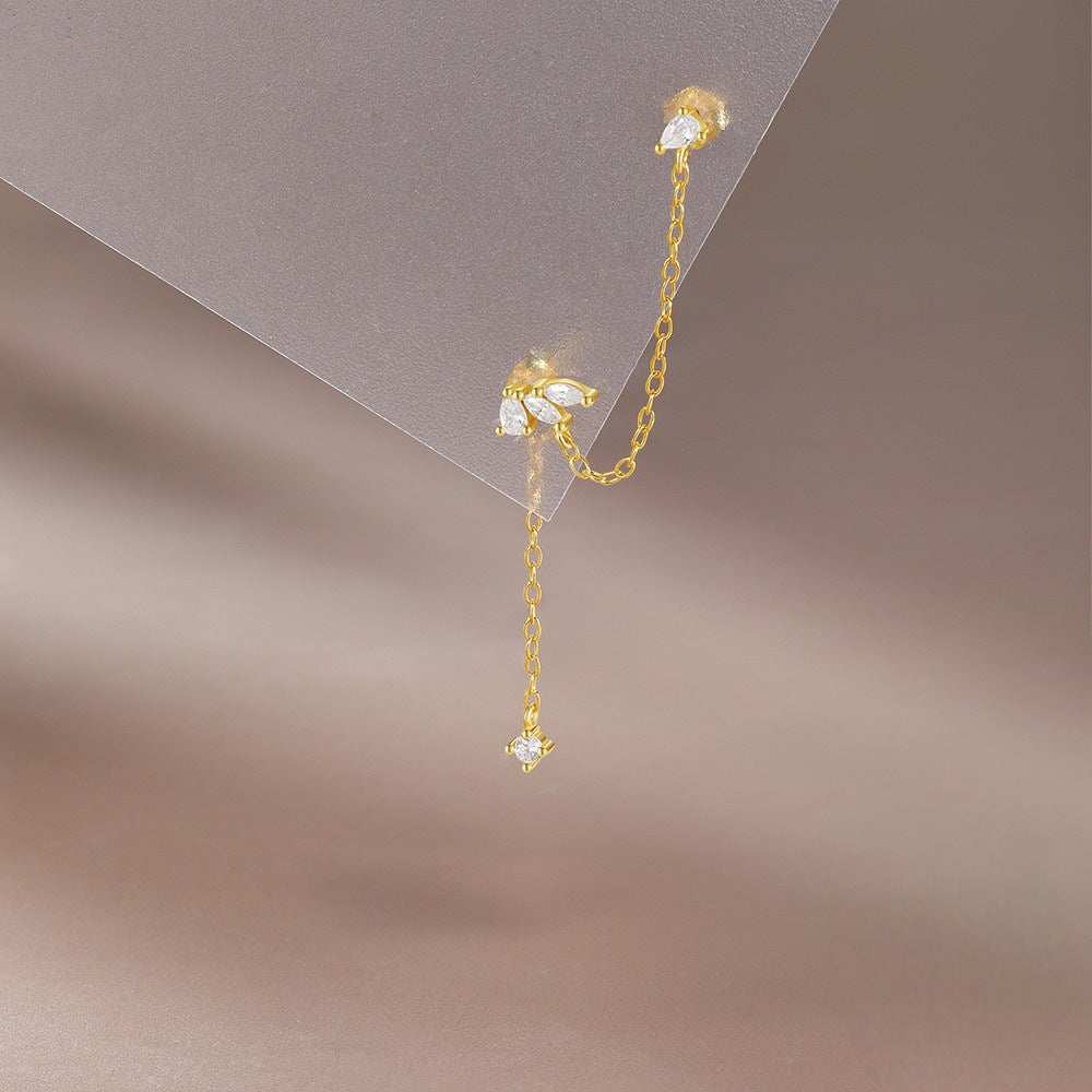 For Women Gold Chain Stud Earrings With Zircon Inlay Featuring 304 Stainless Steel Ear Pins, 1 PCS/Package