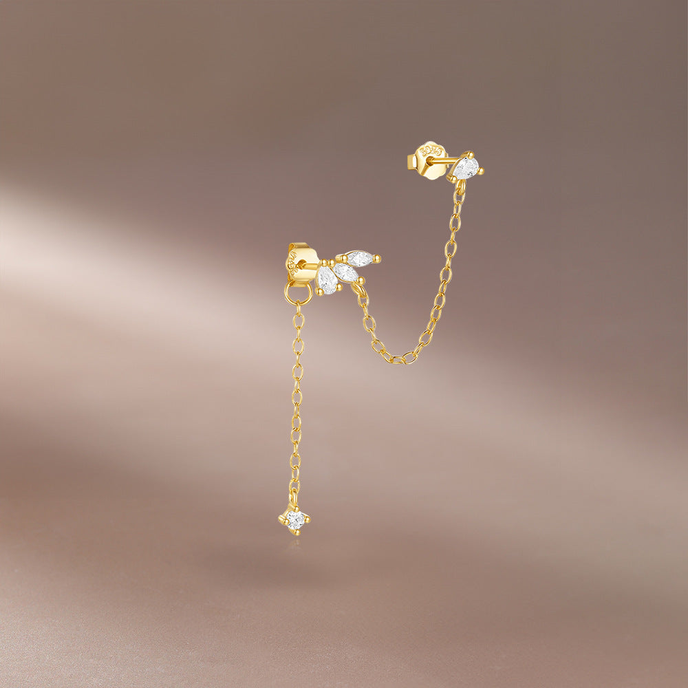For Women Gold Chain Stud Earrings With Zircon Inlay Featuring 304 Stainless Steel Ear Pins, 1 PCS/Package