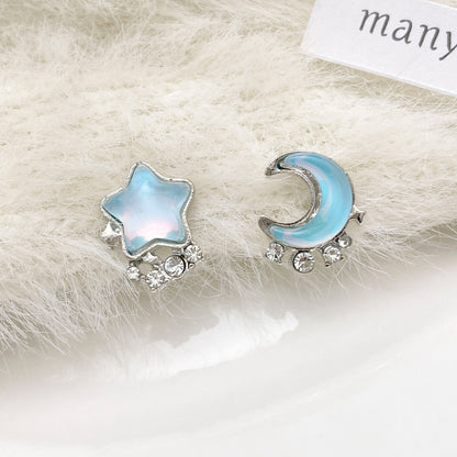 Sweet Moon Stud Earrings For Women In Silver Alloy With Rhinestones, 1 Set