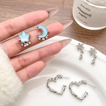 Sweet Moon Stud Earrings For Women In Silver Alloy With Rhinestones, 1 Set