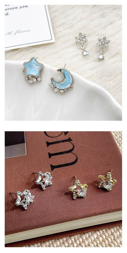 Sweet Moon Stud Earrings For Women In Silver Alloy With Rhinestones, 1 Set