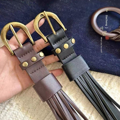 Retro Women’s Pu Leather Belt With Tassel And Pin Buckle In Brown