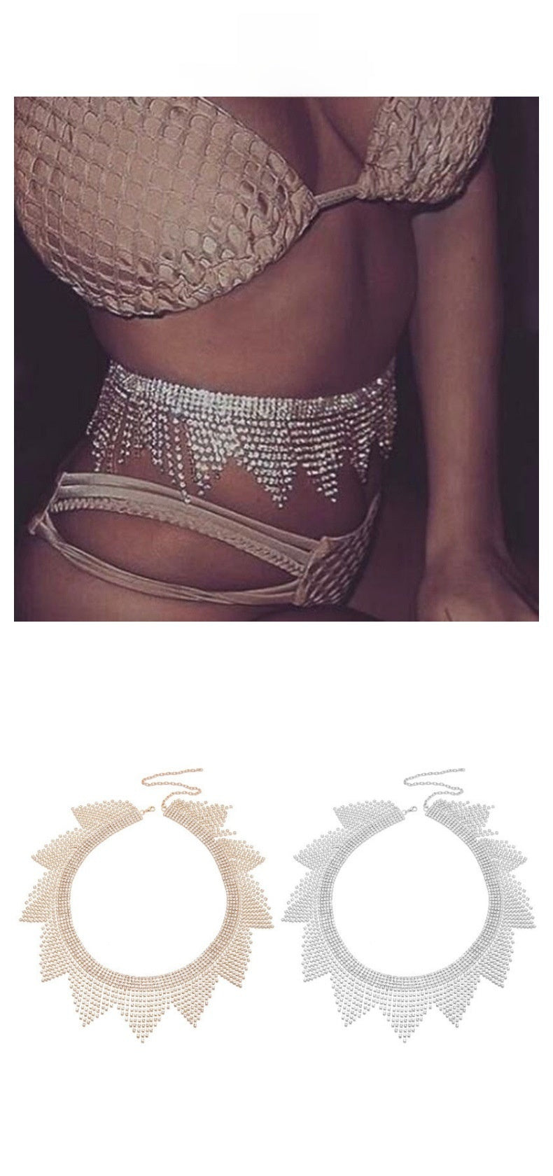 Silver Alloy Women's Body Chain Tassel With Geometric Pattern And Electroplated Finish, Featuring Rhinestones