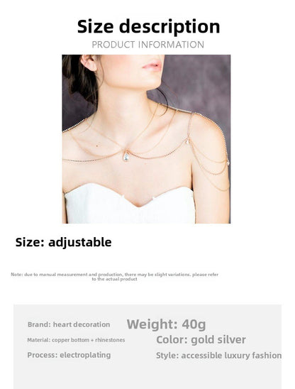 Silver Body Chain For Women Featuring Water Droplets Pattern With White Crystal Rhinestones, Perfect Wedding Back Accessory