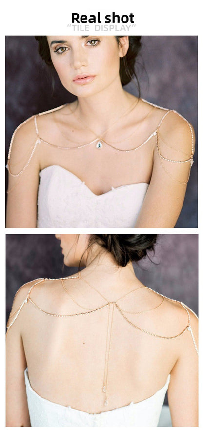 Silver Body Chain For Women Featuring Water Droplets Pattern With White Crystal Rhinestones, Perfect Wedding Back Accessory