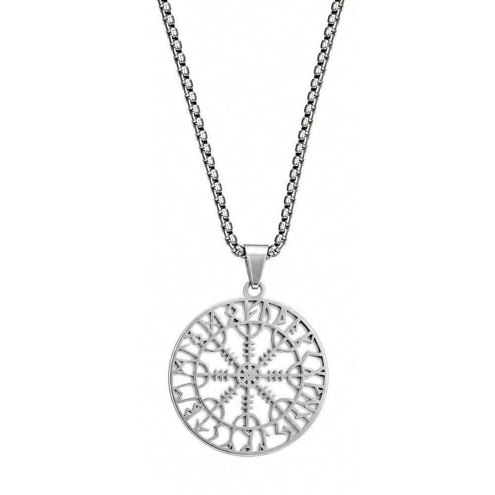 Nordic Style Men's Pendant Necklace With Titanium Steel Cutting Compass In Steel Color, Featuring Box Chain