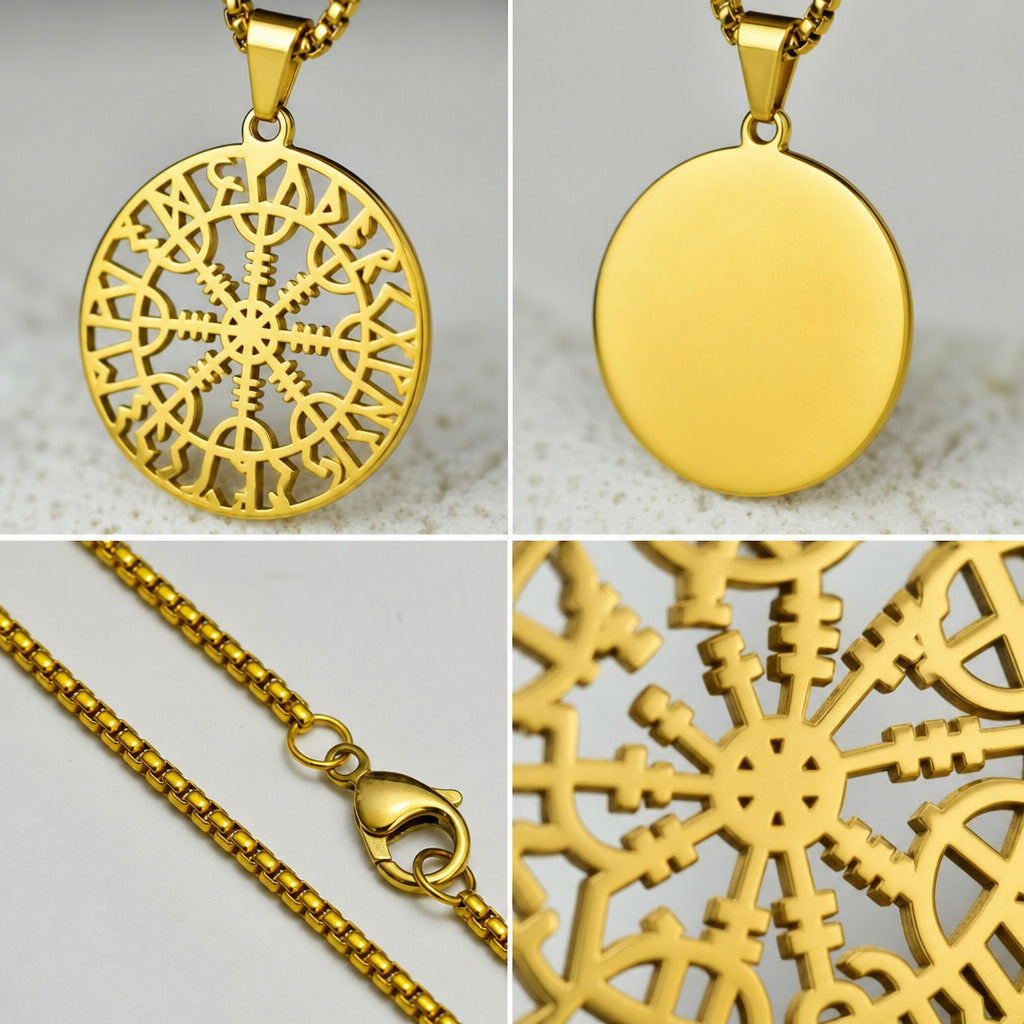 Nordic Style Men's Pendant Necklace With Titanium Steel Cutting Compass In Steel Color, Featuring Box Chain