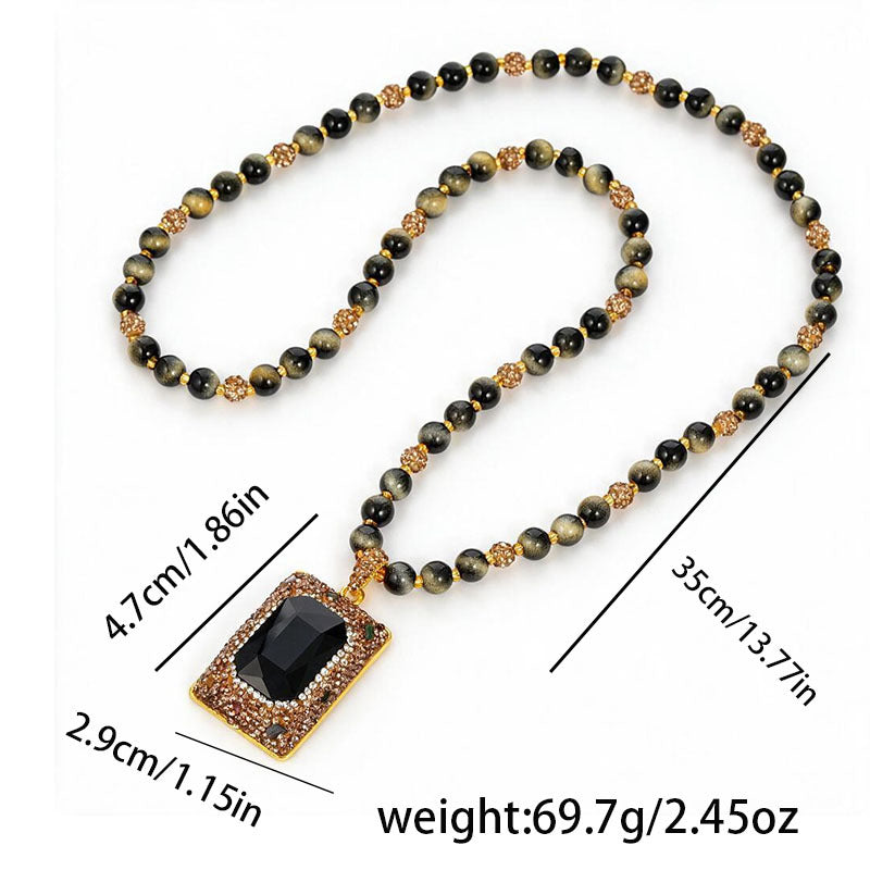 Vintage Style Geometric Long Necklace In Copper Plated Material With Natural Stone Pendant, Unisex Design Featuring Zircon Inlay