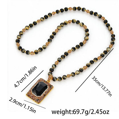 Vintage Style Geometric Long Necklace In Copper Plated Material With Natural Stone Pendant, Unisex Design Featuring Zircon Inlay