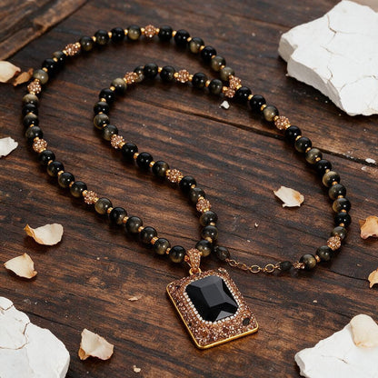 Vintage Style Geometric Long Necklace In Copper Plated Material With Natural Stone Pendant, Unisex Design Featuring Zircon Inlay
