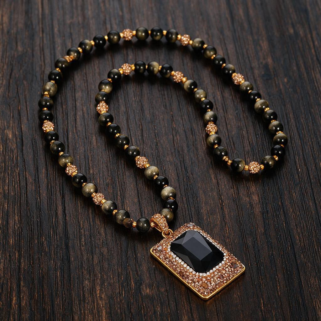 Vintage Style Geometric Long Necklace In Copper Plated Material With Natural Stone Pendant, Unisex Design Featuring Zircon Inlay