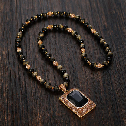 Vintage Style Geometric Long Necklace In Copper Plated Material With Natural Stone Pendant, Unisex Design Featuring Zircon Inlay