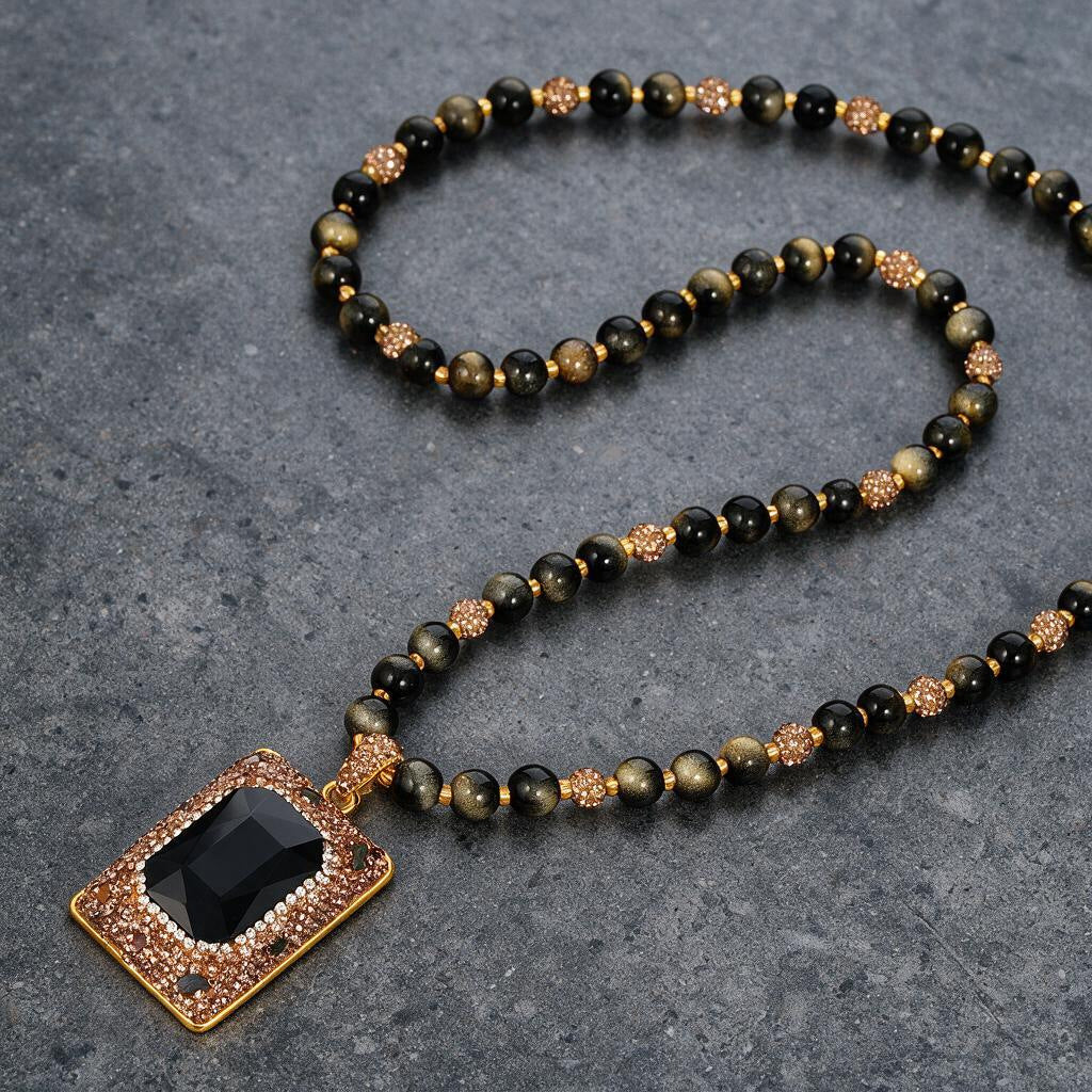 Vintage Style Geometric Long Necklace In Copper Plated Material With Natural Stone Pendant, Unisex Design Featuring Zircon Inlay