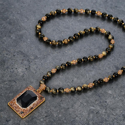 Vintage Style Geometric Long Necklace In Copper Plated Material With Natural Stone Pendant, Unisex Design Featuring Zircon Inlay