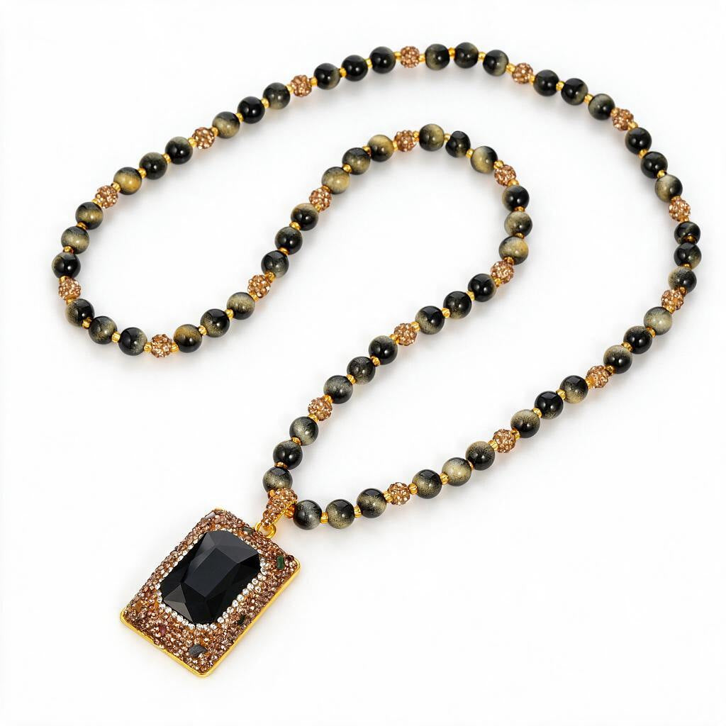 Vintage Style Geometric Long Necklace In Copper Plated Material With Natural Stone Pendant, Unisex Design Featuring Zircon Inlay