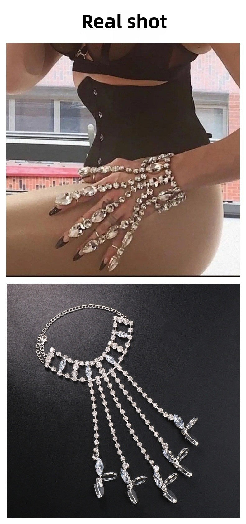 Geometric Silver Hand Chain Bracelet For Women, Electroplated Alloy With Rhinestone Inlay