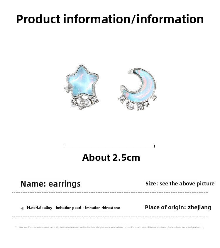 Sweet Moon Stud Earrings For Women In Silver Alloy With Rhinestones, 1 Set