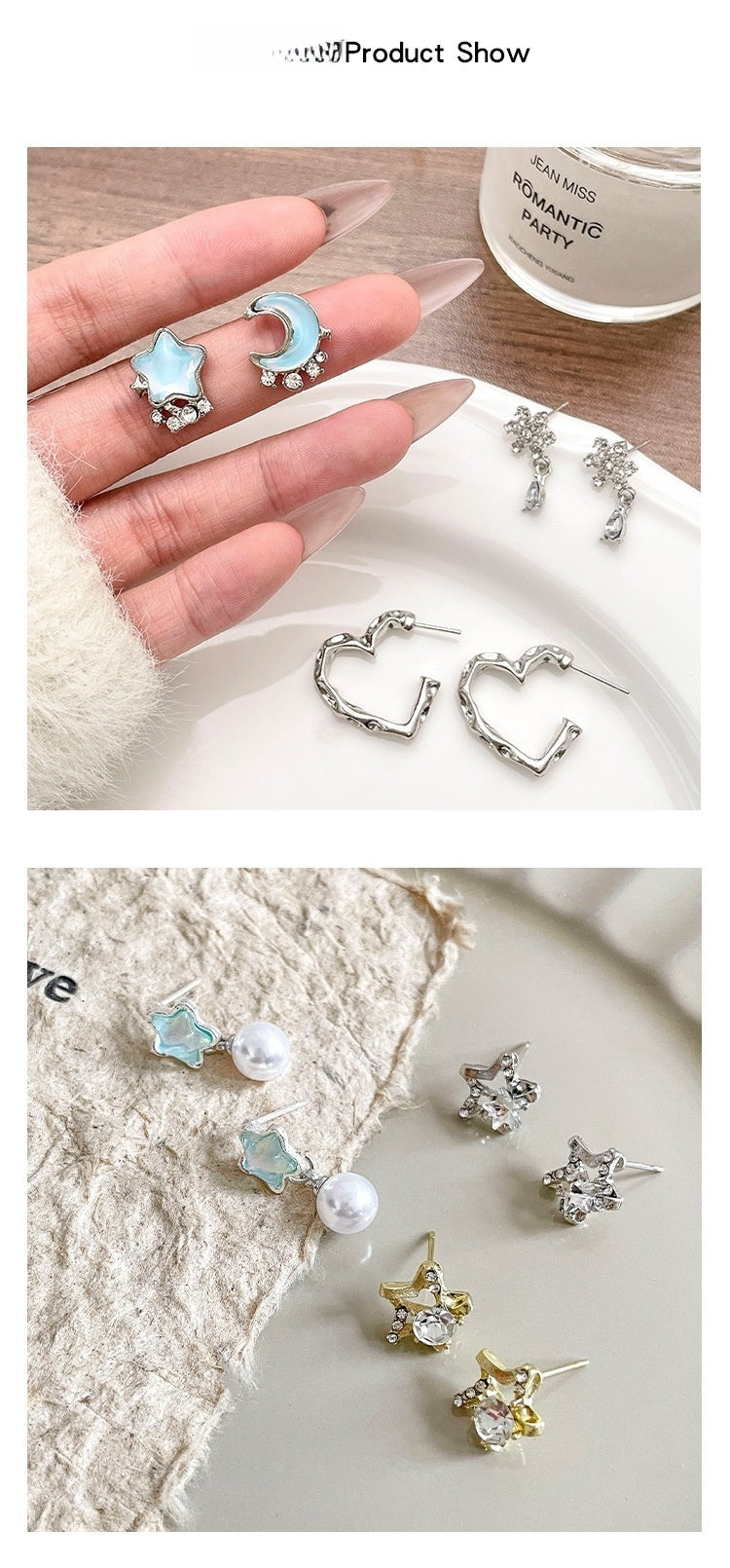 Sweet Moon Stud Earrings For Women In Silver Alloy With Rhinestones, 1 Set