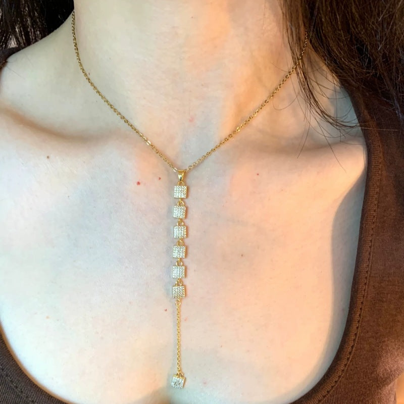 Bohemian Tassel Necklace For Women With Gold Mixed Materials And Rhinestones On Micro Super Whisper Thin Chain