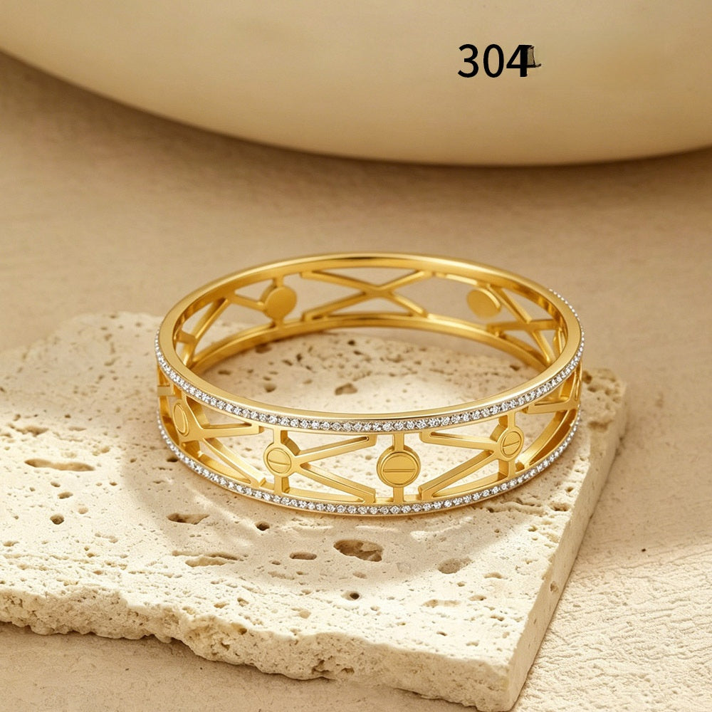 Wide Titanium Steel Bangle Bracelet With Rhinestone Inlay, Electroplated Gold Plating Featuring Elegant Lines Pattern