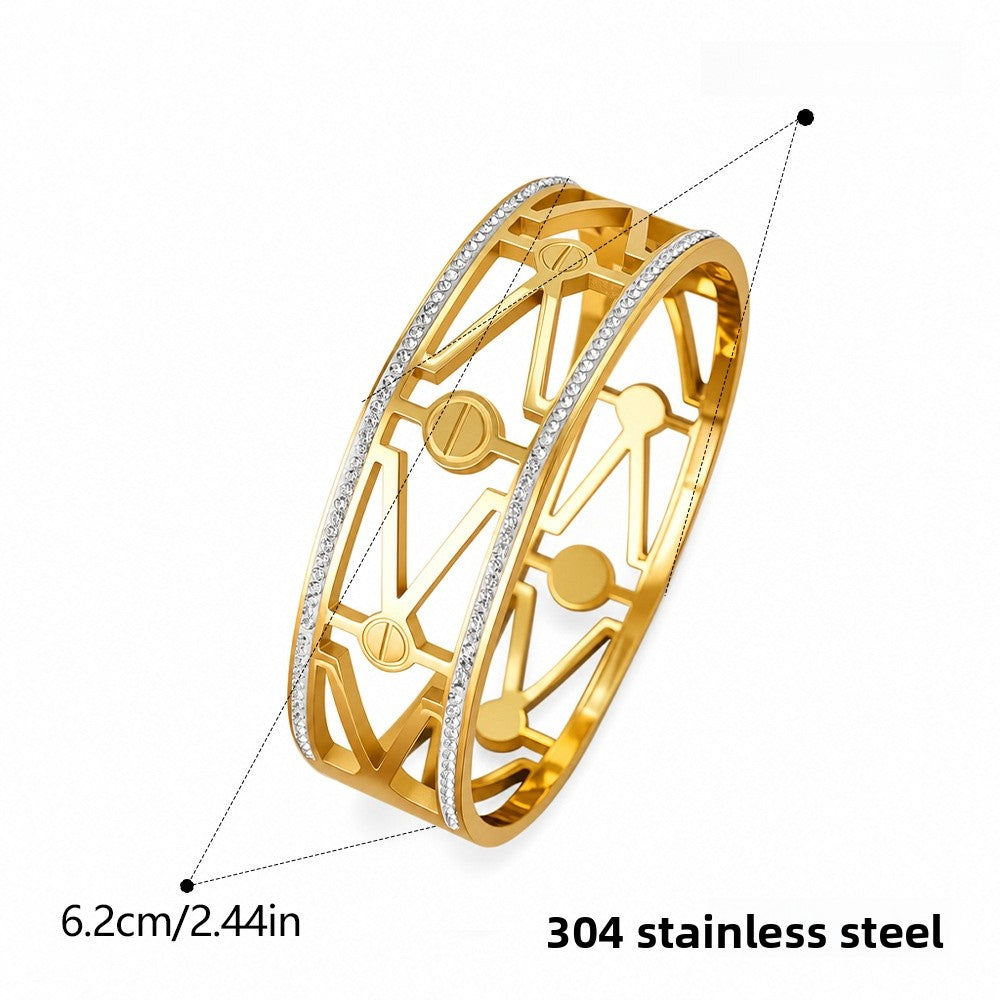 Wide Titanium Steel Bangle Bracelet With Rhinestone Inlay, Electroplated Gold Plating Featuring Elegant Lines Pattern