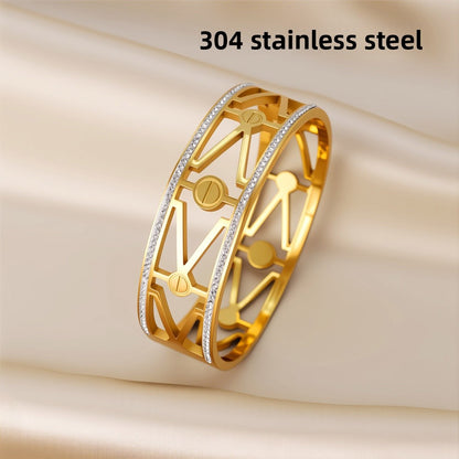 Wide Titanium Steel Bangle Bracelet With Rhinestone Inlay, Electroplated Gold Plating Featuring Elegant Lines Pattern