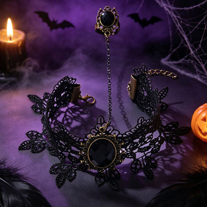 Handmade Gothic Lace Hand Chain Bracelet For Women With Artificial Crystal Inlay